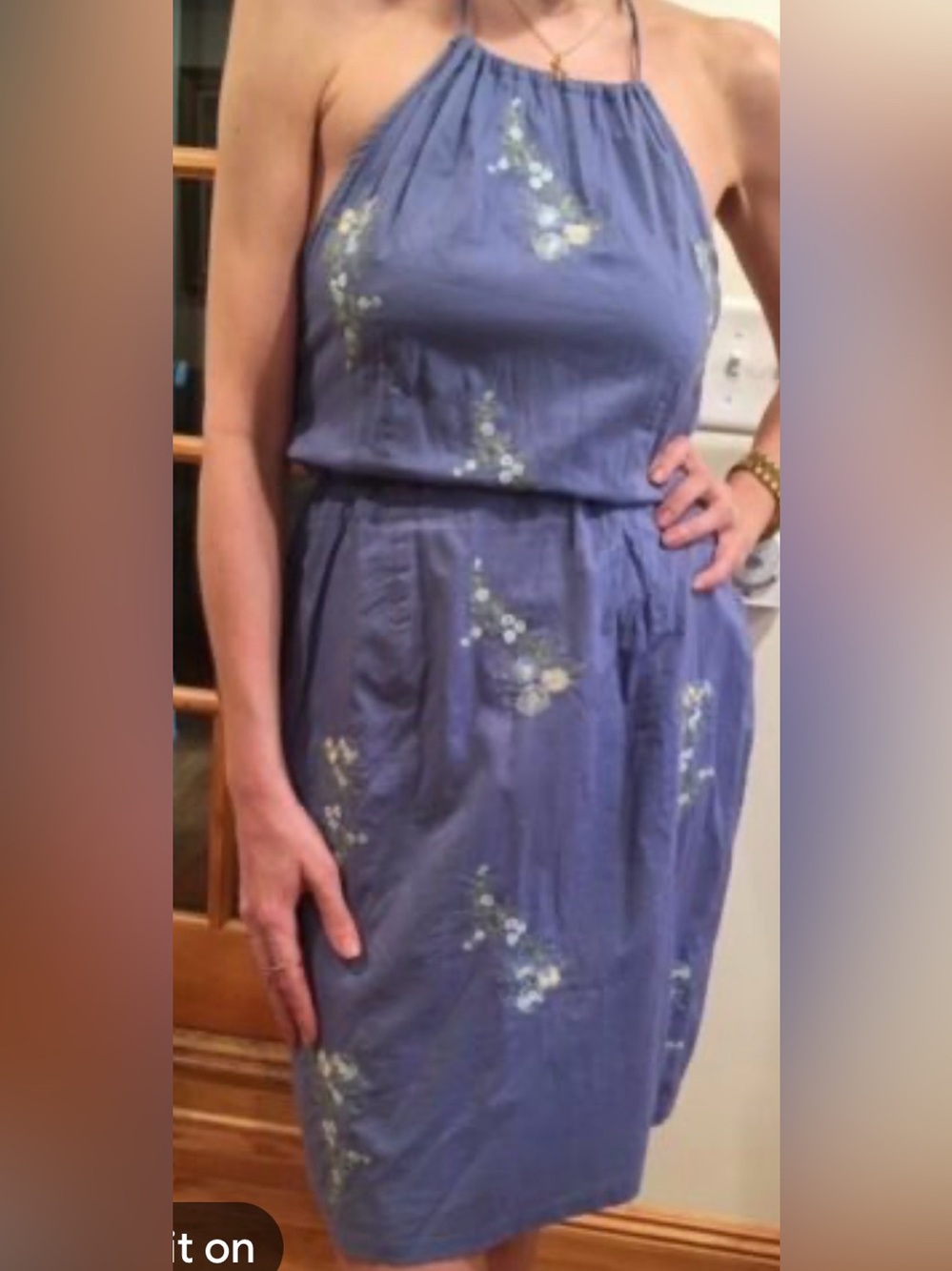 VINTAGE Y2K Express Periwinkle Blue Floral Embroidered Halter Dress Size 13/14